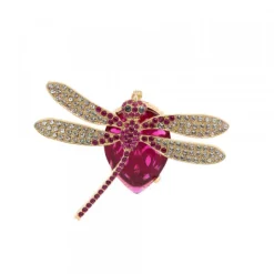 Broche Libélula Plata Dorada y Cristal Burdeos