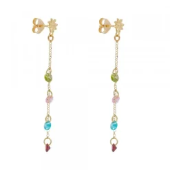 Pendientes Eguzkilore de Plata Dorada con Cristales Multicolor