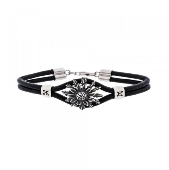 Pulsera Cuero Eguzkilore de Plata Envejecida