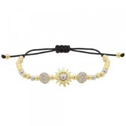 Pulsera Eguzkilore Bolitas Plata Dorada y Macramé