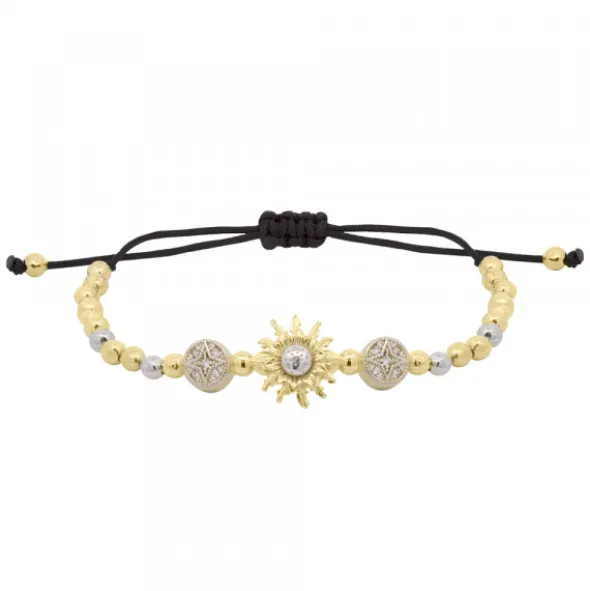 Pulsera Eguzkilore Bolitas Plata Dorada y Macramé