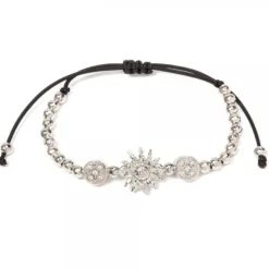 Pulsera Eguzkilore Plata con Bolitas y Macramé